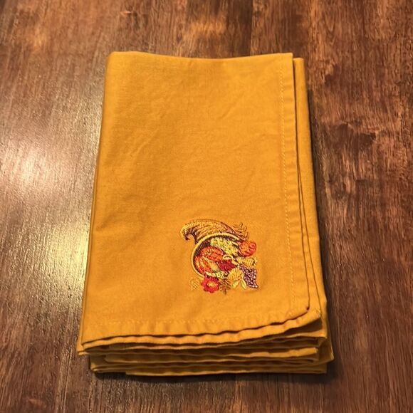 Thanksgiving Set of (3) Mustard Napkins w/ Custom Cornucopia Embroidery - Picture 6 of 11